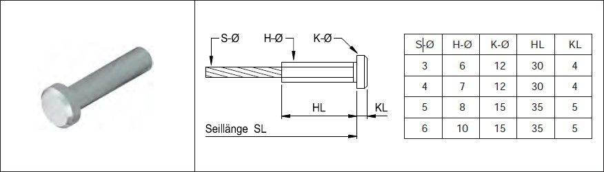 Seilhülsen 6-kantverpresst m. Flachkopf Seil-Ø 6 mm Hülse 10 x 35 mm 1.4301 - INOXTECH-Handlauf-/Geländer-System