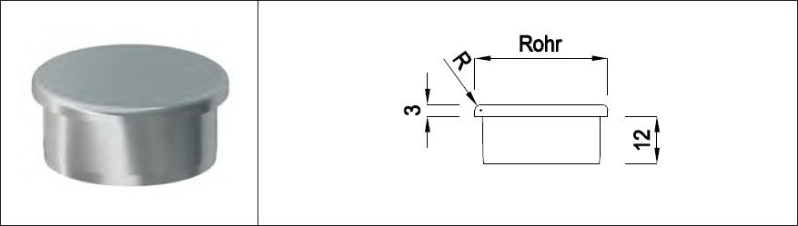 Rohrkappe Vollmaterial gerade m. Radius 26.9 x 2.0 mm geschliffen 1.4301 - INOXTECH-Handlauf-/Geländer-System