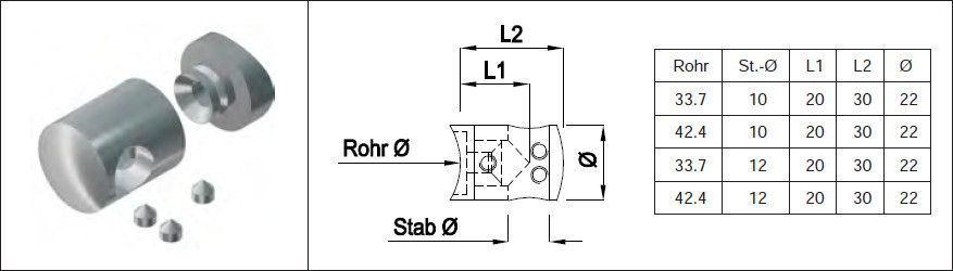 Durchgangs-Rundstabtrav. kurz, eingesat. 33.7 Loch 10 mm geschliffen 1.4301 - INOXTECH-Handlauf-/Geländer-System