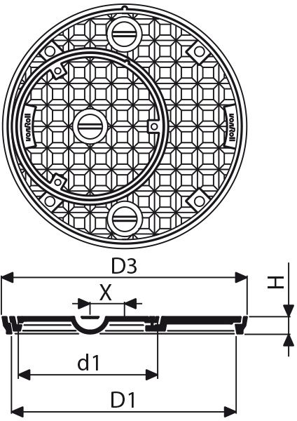 Fig. 2671 100 02 Guss 10 t Radlast Zisternendeck in Zementrohrfalz, verschr., exzentrisch - Schachtabdeckungen von Roll