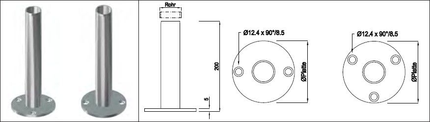 Bodenplatten mit Einsteckrohr 42.4 3 Löcher geschliffen 128253 - INOXTECH-Handlauf-/Geländer-System