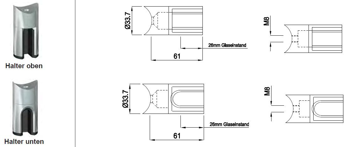 Glashalter ru. Form einges. Mod. Mythen 8.76mm Anfangs/Endpfosten 42.4mm 1.4301 - INOXTECH-Handlauf-/Geländer-System