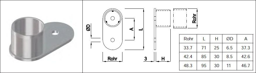 Handlaufsteckrohr mit eins. ru.Wandpl. 48.3 mm geschliffen 1.4301 - INOXTECH-Handlauf-/Geländer-System