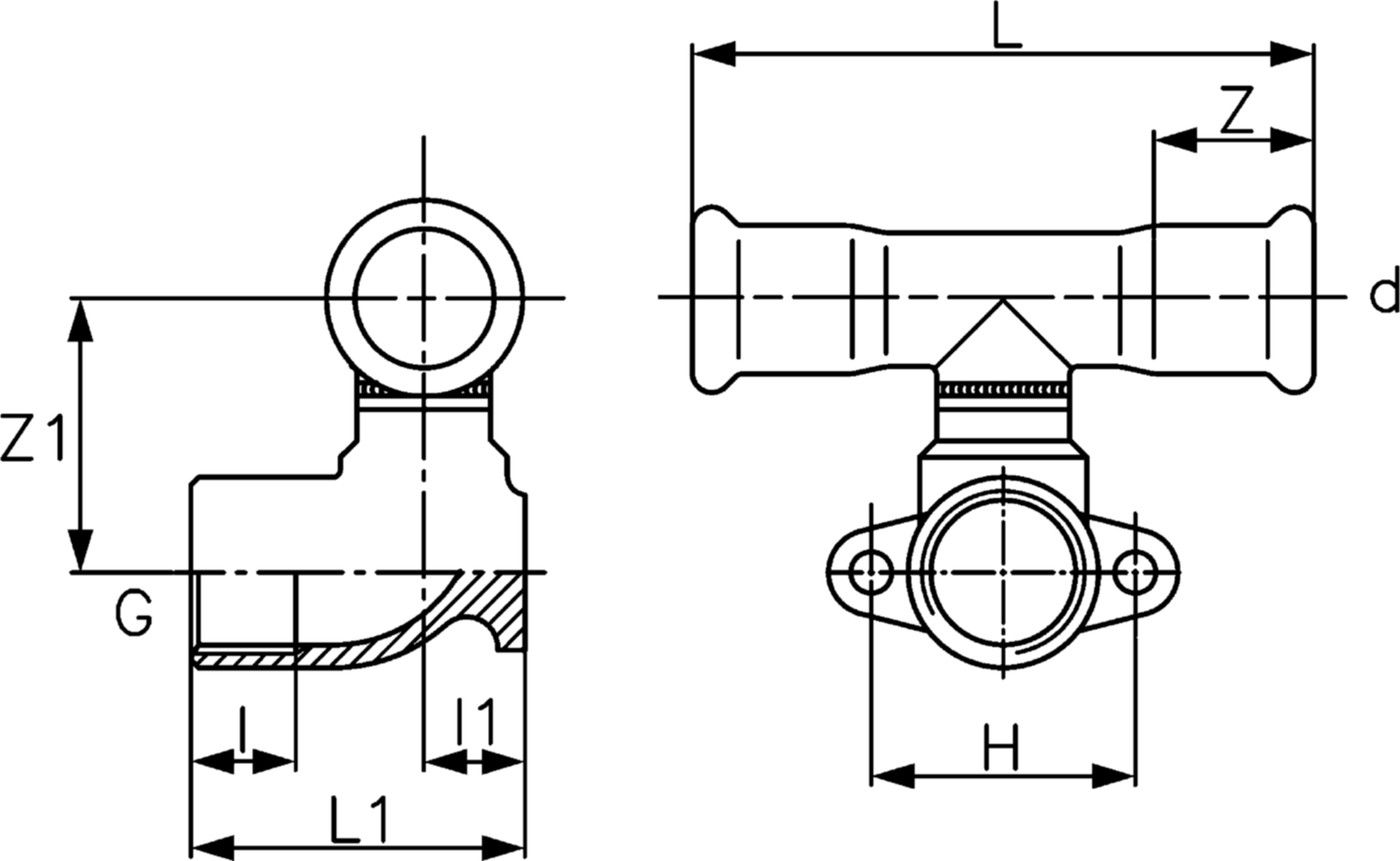 T-Stück mit Anschlusswinkel 90° S48PC 15 mm - 1/2" - Eurotubi Press-Formstücke Sanitär