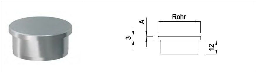 Rohrkappe Vollmaterial gerade m. Fase 38.0 x 2.0 mm geschliffen 1.4301 - INOXTECH-Handlauf-/Geländer-System