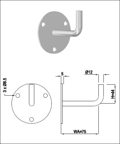 Geschw. Wandkonsole rund ohne Auflager Stab 12 mm H 44 mm geschliffen 1.4301 - INOXTECH-Handlauf-/Geländer-System