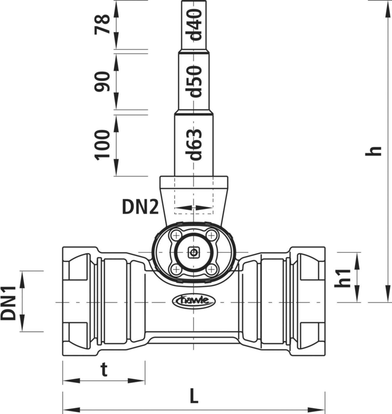 Combi-T für Gussrohre BLS 4321 DN 100 Abgang Univ. PE-Enden d40/50/63mm - Hawle Armaturen