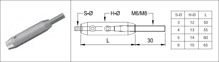 Seilhülse verschraubbar m. Aussengew. Seil-Ø 4mm M6 x 30 mm geschl. 1.4301 - INOXTECH-Handlauf-/Geländer-System