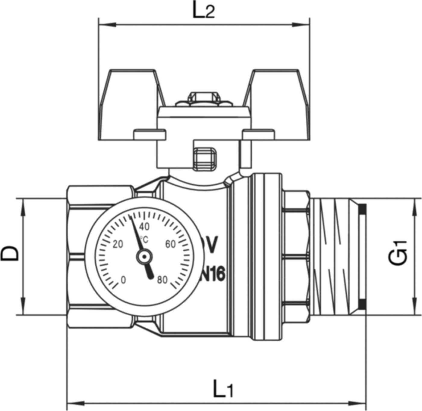 Kugelhahnen m. Thermometer 1" x 3/4" f/Edelstahlverteiler Gr. blau 140 65 83 - Oventrop Verteiler