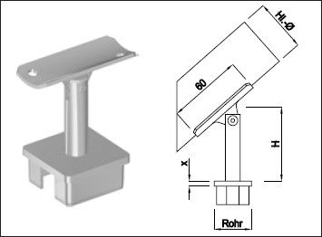 Steckkonsole bewegl mit quadr Rohrkappe Pfos 35mm,HL42.4mm,TH150mm,geschl,1.4301 - INOXTECH-Handlauf-/Geländer-System