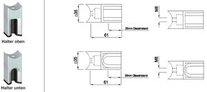 Glashalter eck Form einges Mod. Fornalp 8.76mm Mittelpfosten 42.4 mm 1.4301 - INOXTECH-Handlauf-/Geländer-System