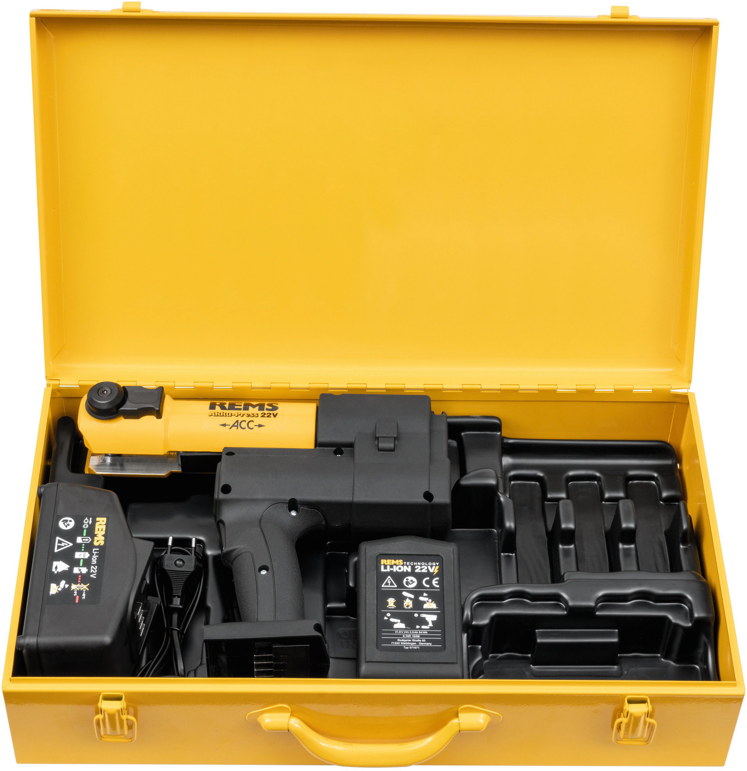 REMS Akku-Press 22 V ACC Basic-Pack, Blechkasten 22V, 1 x  2.5Ah, bis Ø 110mm, drehbar, 576010 R220 - Sanitärwerkzeuge