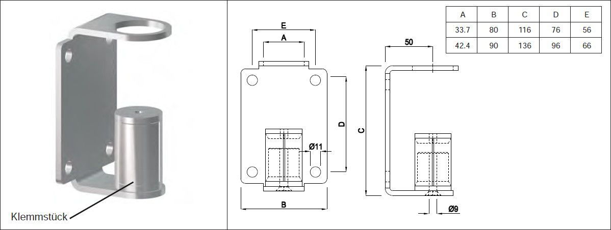 Pfostenhalter eckige Form 42.4 mm geschliffen 129730 - INOXTECH-Handlauf-/Geländer-System