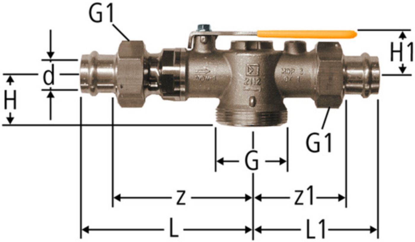 Gaszähler-Kugelhahn 22 mm 89025.23 für Einstutzengaszähler, bis 5 bar - Nussbaum-Optipress-Gaz-Fittings