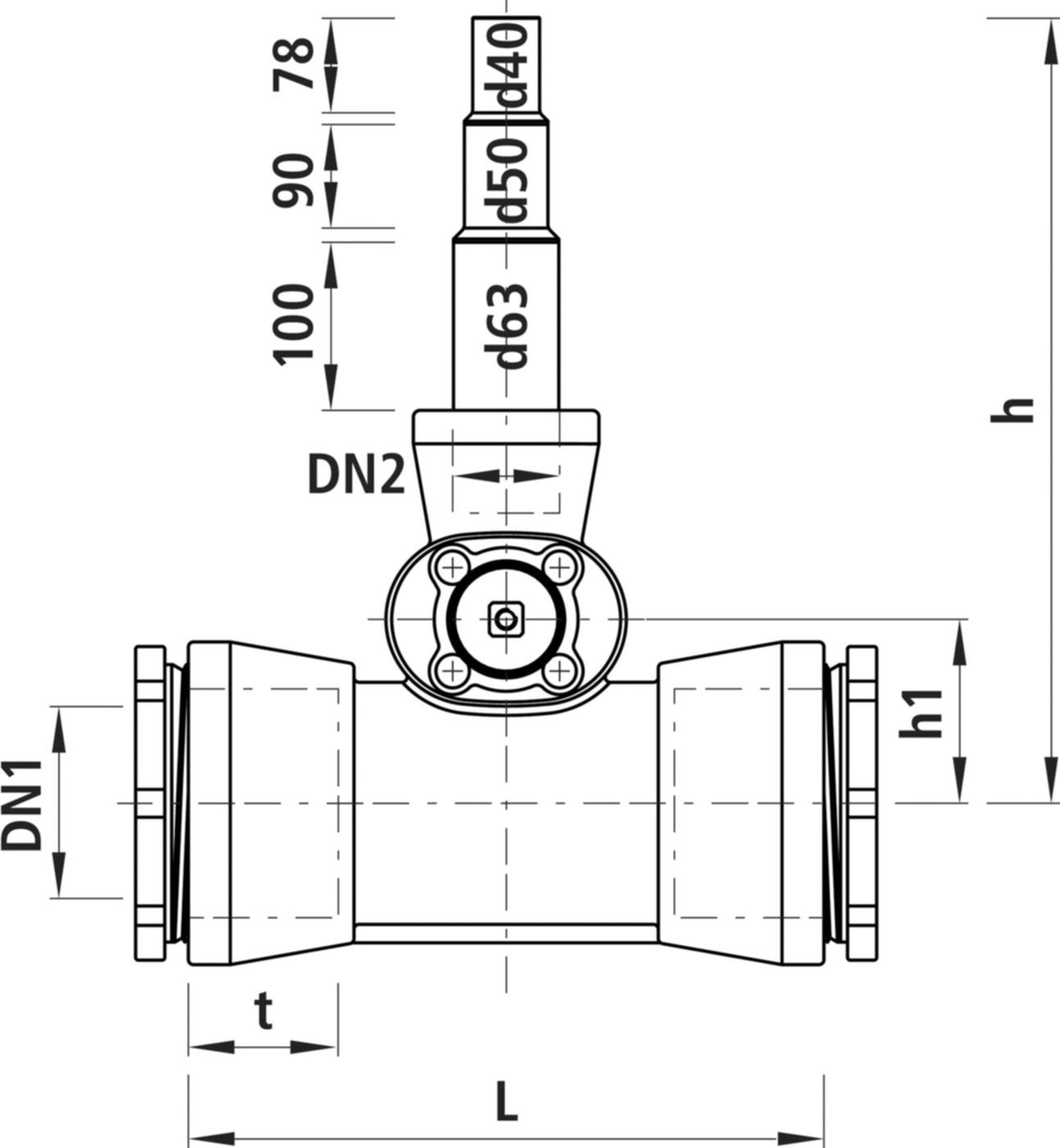Combi-T mit Schraubmuffen 4361 DN 125 Abgang Univ. PE-Ende d40/50/63mm - Hawle Armaturen
