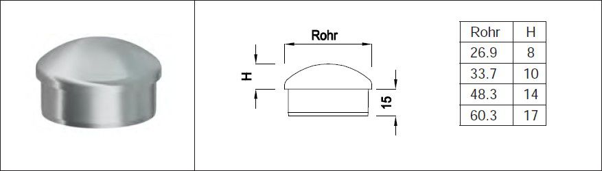 Rohrkappe halbrund für Rohr DN 33.7 mm abgeflacht, Widerhak, C.st.guss geschl, H10 - INOXTECH-Handlauf-/Geländer-System