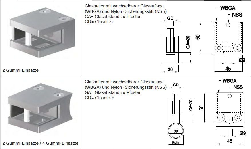 Glashalter eckige Form eingesattelt 42.4 mm Chromstahl geschliffen 128538 - INOXTECH-Handlauf-/Geländer-System