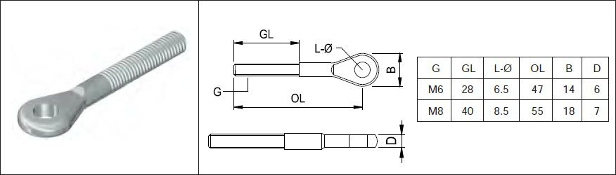 Oese mit Aussengewinde Linksgewinde M6 L= 47 mm 1.4301 - INOXTECH-Handlauf-/Geländer-System