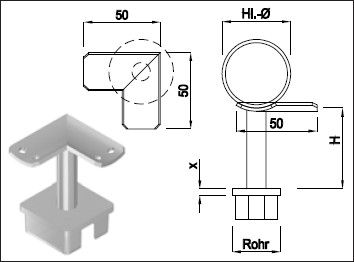 Steckkonsole fest mit quadr Rohrkappe Pfos 40mm,EA48.3mm,TH100mm,geschl,1.4301 - INOXTECH-Handlauf-/Geländer-System