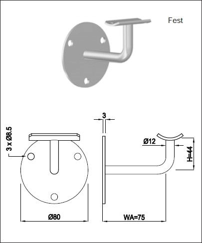 Geschw. Wandkonsole rund mit Auflager HI. 48.3/ 12 mm geschliffen 1.4301 - INOXTECH-Handlauf-/Geländer-System