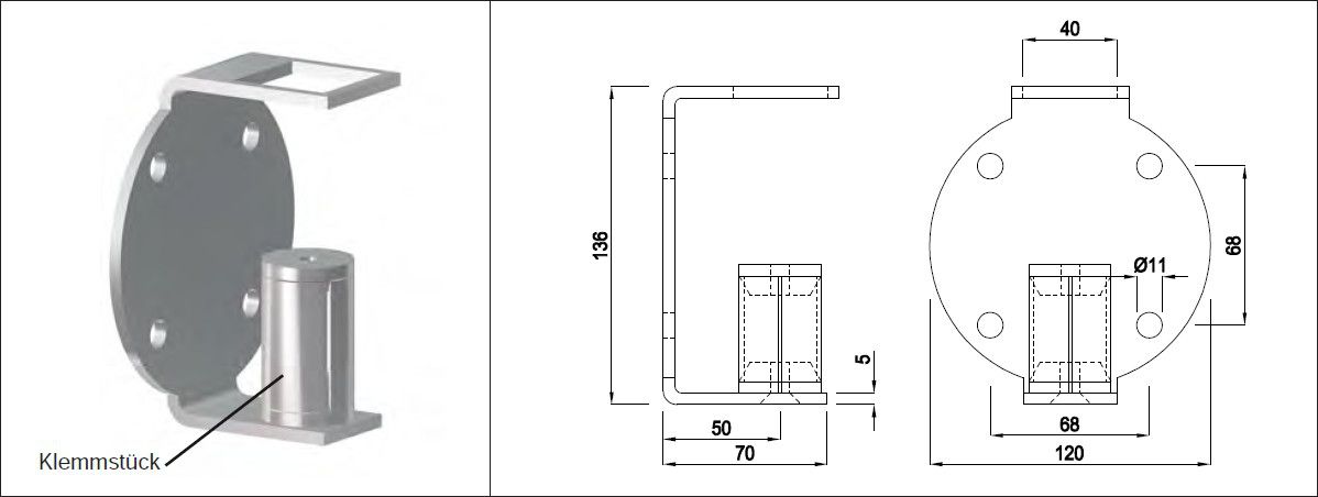 Pfostenhalter runde Form 40 x 40 x 2 mm geschliffen 1.4301 - INOXTECH-Handlauf-/Geländer-System