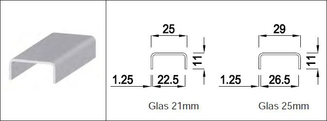 Rostfreies Abdeckungsprofil 1.4301 L= 2990 mm für Glas 21 mm geschliffen - INOXTECH-Handlauf-/Geländer-System