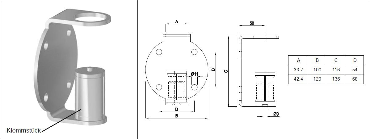 Pfostenhalter runde Form 33.7 mm geschliffen 1.4301 - INOXTECH-Handlauf-/Geländer-System