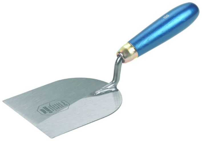 Gipserspachtel, gekröpft, Blatt gehärtet L= 60mm, mit blauem Holzheft - Bauwerkzeuge