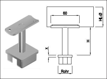 Steckkonsole fest mit quadr Rohrkappe Pfos 20mm,HL48.3mm,TH100mm,geschl,1.4301 - INOXTECH-Handlauf-/Geländer-System