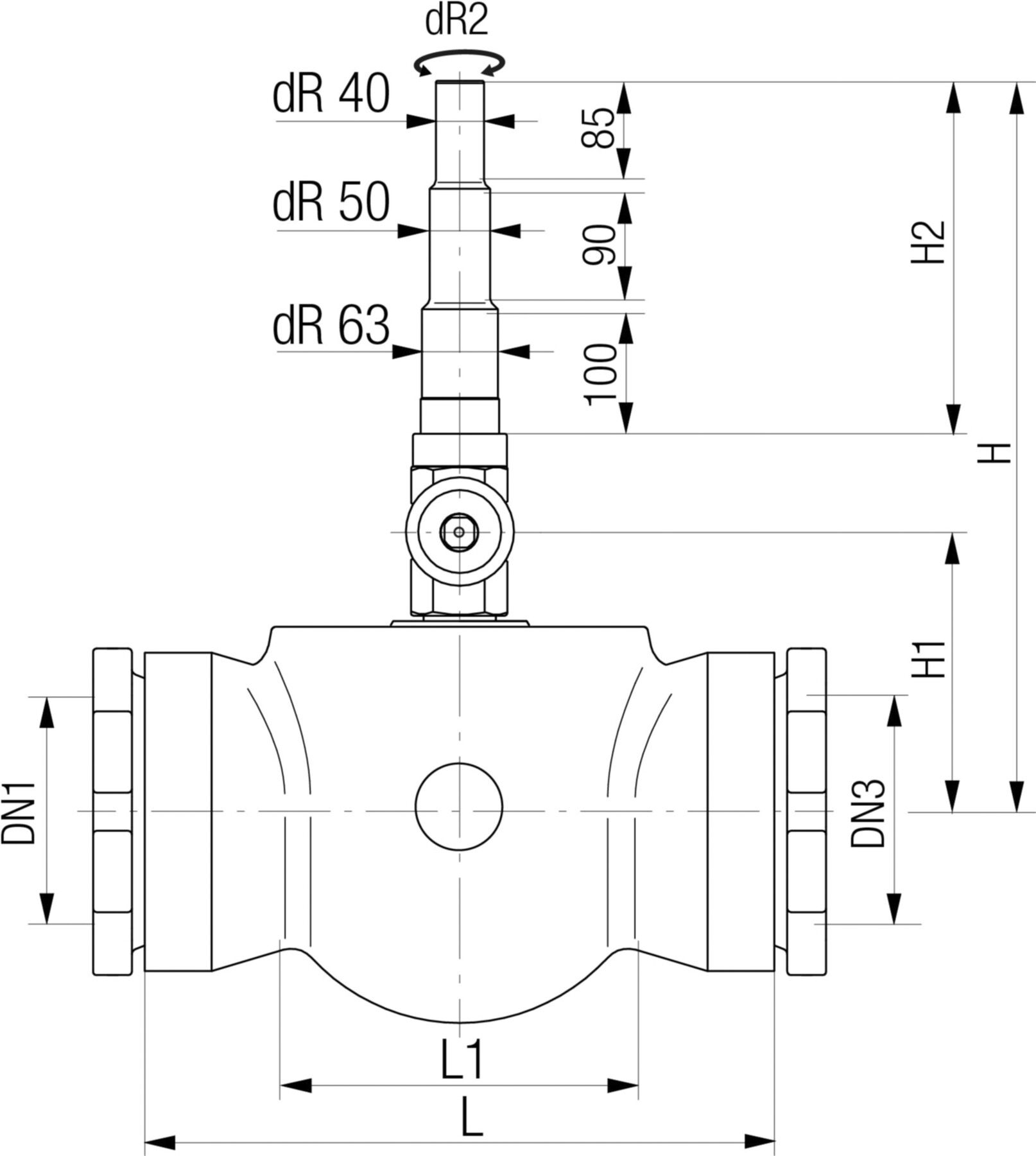 Universal 1, Fig. 5493 mit Schraubmuffen DN 150 Abgang Univ. PE-Ende d40/50/63mm - Von Roll Armaturen