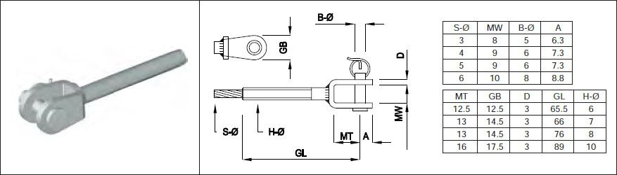 Gabeln 6-kantverpresst zu Seil 3-6 mm Seil-Ø 3 mm GL 65 mm 1.4301 - INOXTECH-Handlauf-/Geländer-System