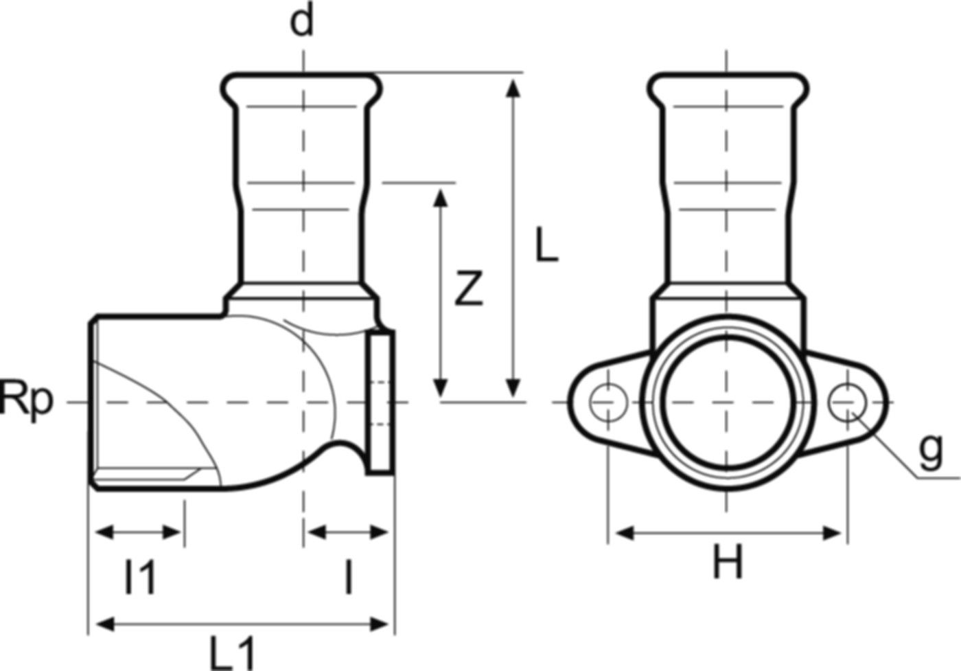 Armaturenanschlusswinkel 90° mit IG 22 mm - 3/4" S32QE - Eurotubi Press-Formstücke Sanitär