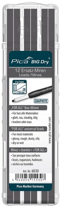 Pica Ersatzminen-Set BIG-Dry ANILINE 2.0 Graphit grau, 2x5x150mm, nicht wasserfest, Pack à 12 Stk. - Auszeichnen