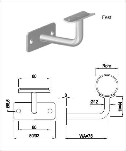 Geschw. Wandkonsole eckig waagrecht HI. 42.4/ 12 mm geschliffen 1.4301 - INOXTECH-Handlauf-/Geländer-System