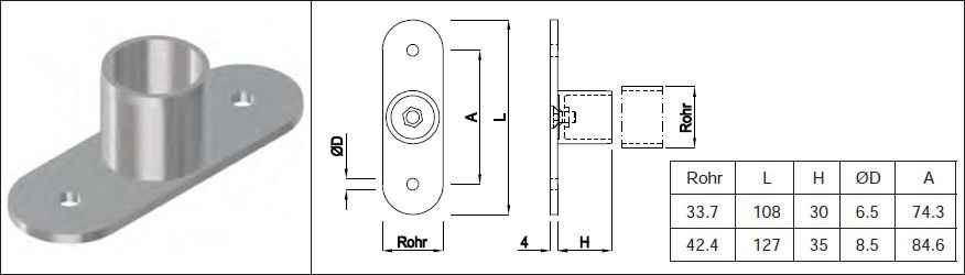 Handlaufsteckrohr mit doppels ru Wandpl 33.7 mm geschliffen 126836 - INOXTECH-Handlauf-/Geländer-System