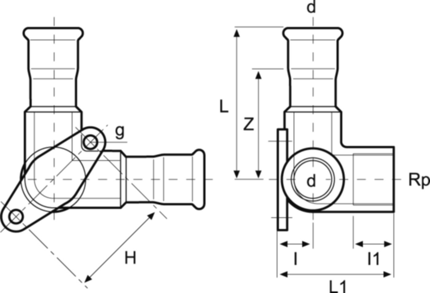 Armaturenanschlusswinkel 90°/2 mit IG/WA 15 mm - 1/2" - 15 mm S36PC - Eurotubi Press-Formstücke Sanitär