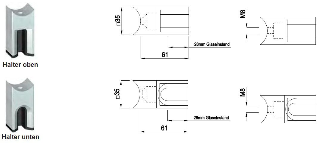 Glashalter eck Form einges Mod. Fornalp 12.76mm Anfangs/Endpfosten 42.4mm 1.4301 - INOXTECH-Handlauf-/Geländer-System