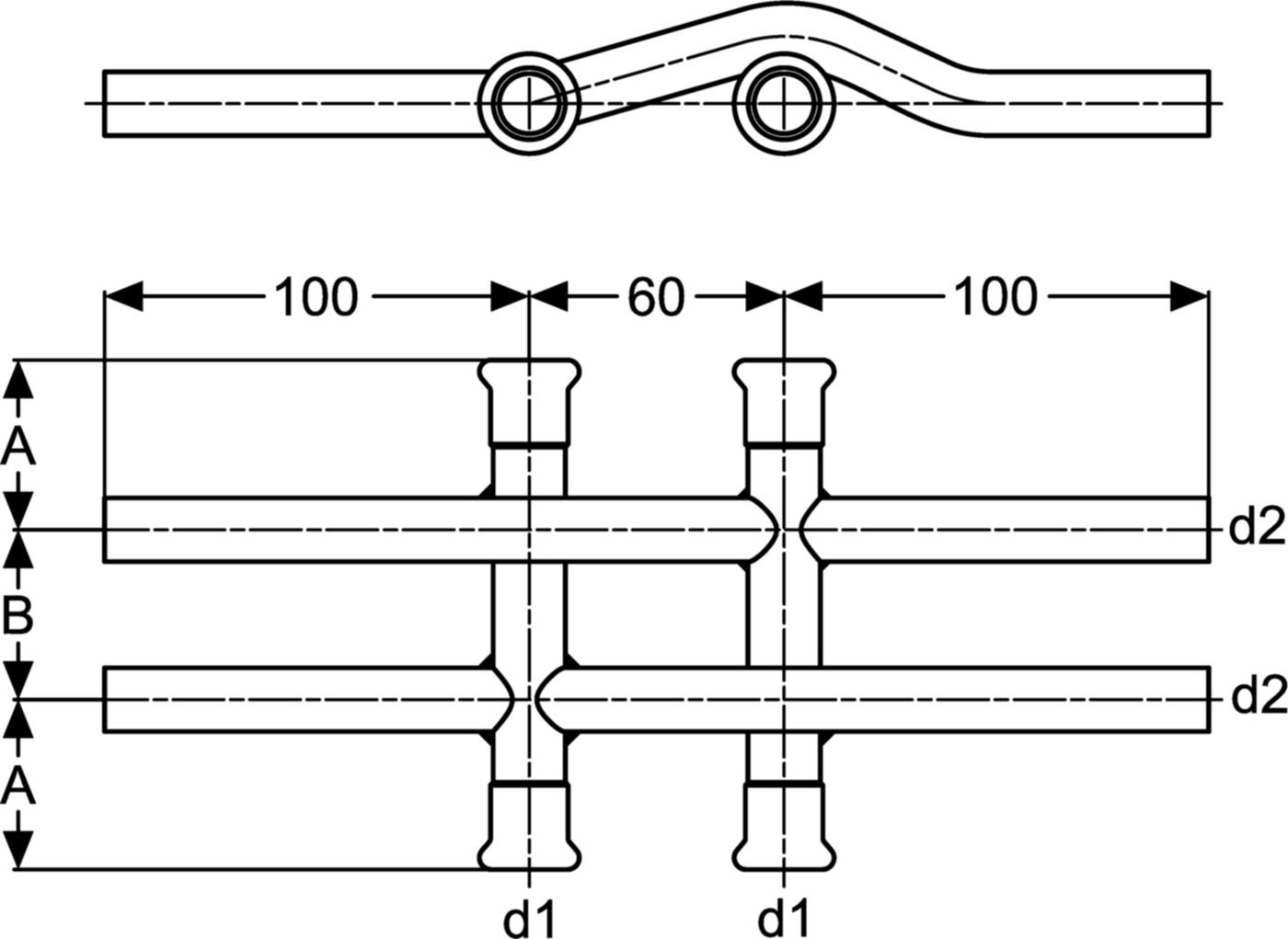Kreuzungs-T doppelt 18-15 mm C90CD Achsabstand 60/40 mm - Eurotubi Press-Formstücke Heizung