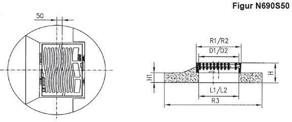 Fig.N690S50 Guss D400 NIVO, Autobahn Neopren-Einlage, Federklemmrost, Sockel - Schachtabdeckungen BGS