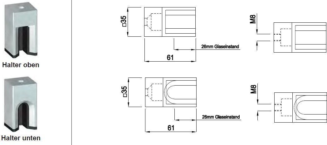 Glashalter eckige Form Modell Fornalp 12.76mm Mittelpfosten gerade 1.4301 - INOXTECH-Handlauf-/Geländer-System