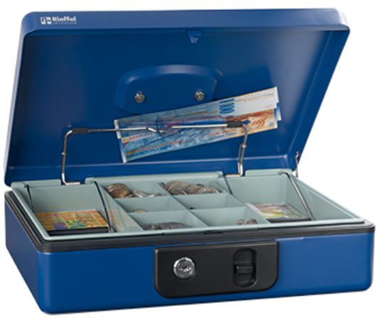Geldkassette 300x230x86mm blau Deluxe 6+2 Fächer, Deluxe 4 blau - Vorhängeschloss, Sicherheitsbeschläge
