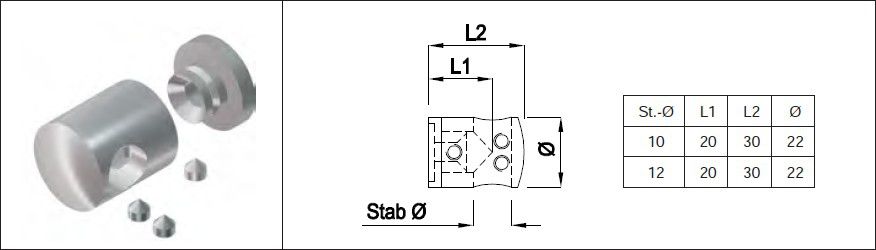Durchgangs-Rundstabtrav. kurz, gerade 12 mm geschliffen 1.4301 - INOXTECH-Handlauf-/Geländer-System
