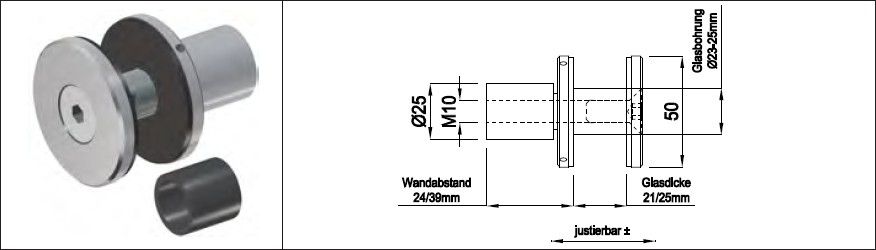 Punkthalter Wandabstand 24 mm Glas 25 mm 1.4301 - INOXTECH-Handlauf-/Geländer-System