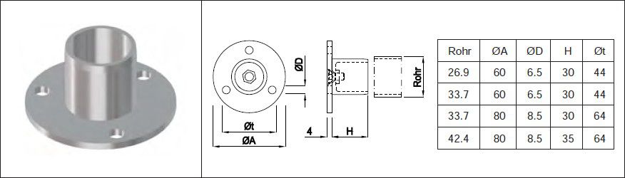Handlaufsteckrohr mit runder Wandplatte Ø 80 mm HI. 42.4 mm 126841 - INOXTECH-Handlauf-/Geländer-System