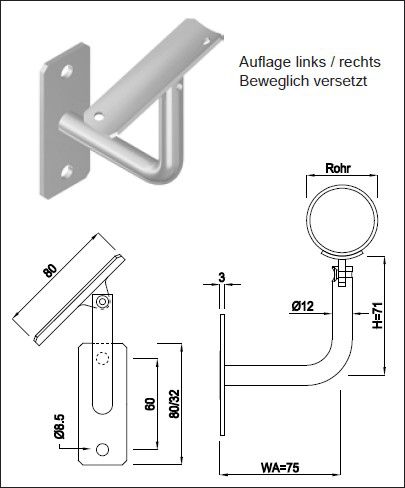Geschw Wandkonsole eck vert bewegl vers HI. 42.4/ 12 mm rechts geschl. 1.4301 - INOXTECH-Handlauf-/Geländer-System