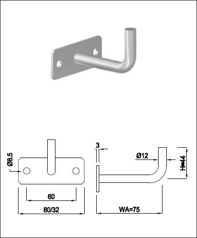 Geschw. Wandkonsole eckig waagrecht H 44 mm Stab 12 mm geschliffen 1.4301 - INOXTECH-Handlauf-/Geländer-System