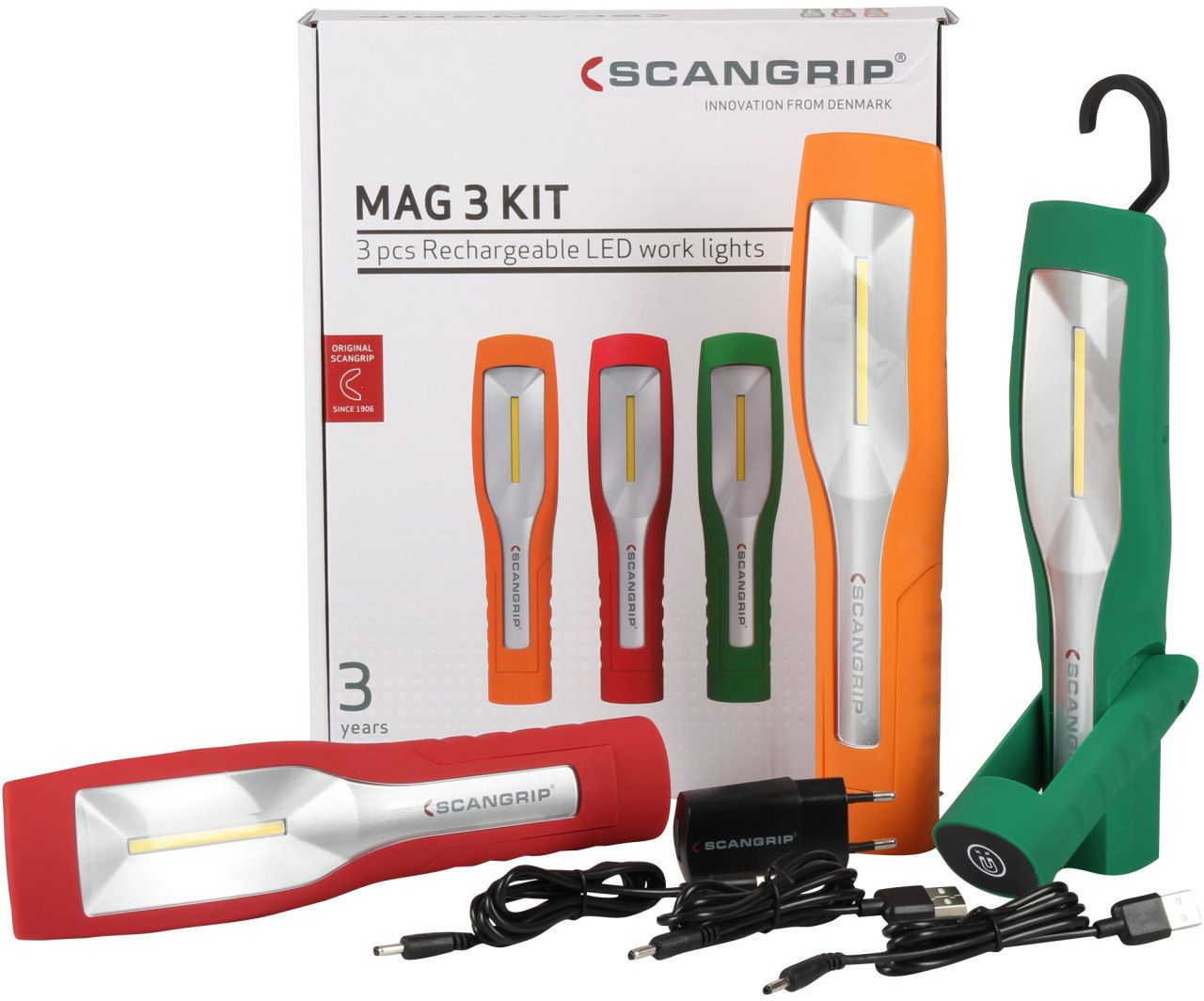 SCANGRIP LED-Akku-Handlampe, 3 x MAG 3 3.7V, 240/60 Lumen, Aktionspaket orange, rot, grün - Lampen, Leuchten